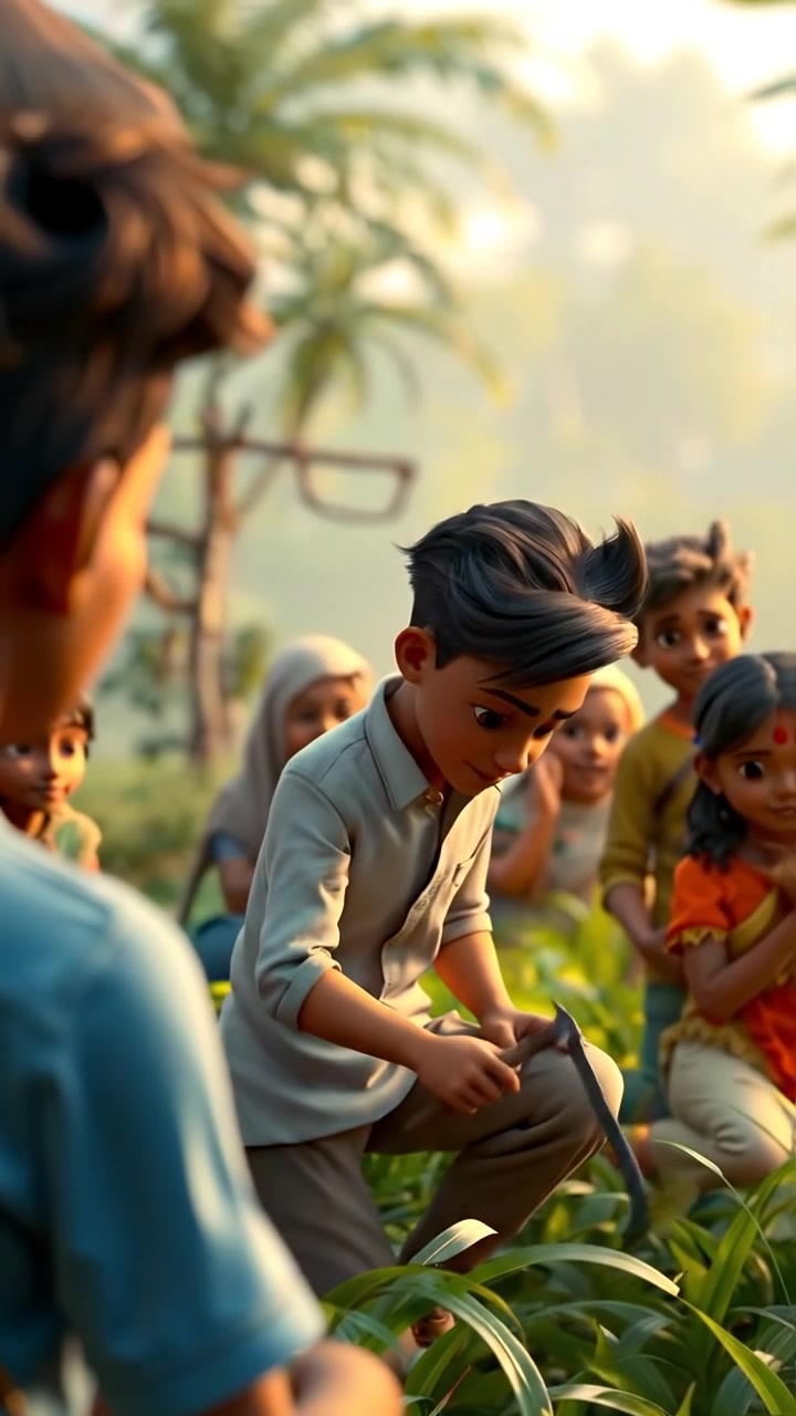 A 3D animated scene featuring villagers gathered in a lush field, watching Arjun diligently work with expressions of admiration. Natural lighting illuminates the scene, with smooth camera movements capturing the admiration and peaceful countryside. The background audio features soft ambient sounds of nature.