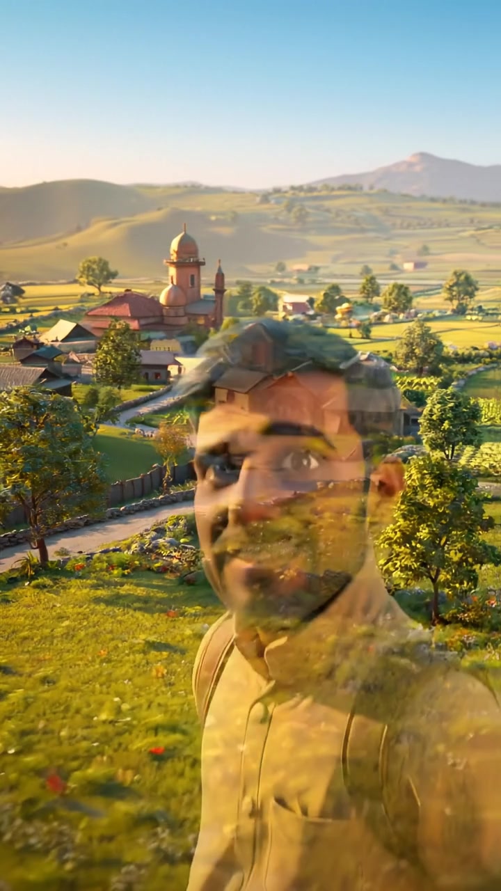 A wide 3D animated view of a small village with lush fields, highlighting Raj's modest farmhouse amid an expansive landscape. The scene features natural daylight, detailed textures, and gentle camera movement across the open countryside, with soft ambient sounds of nature in the background.