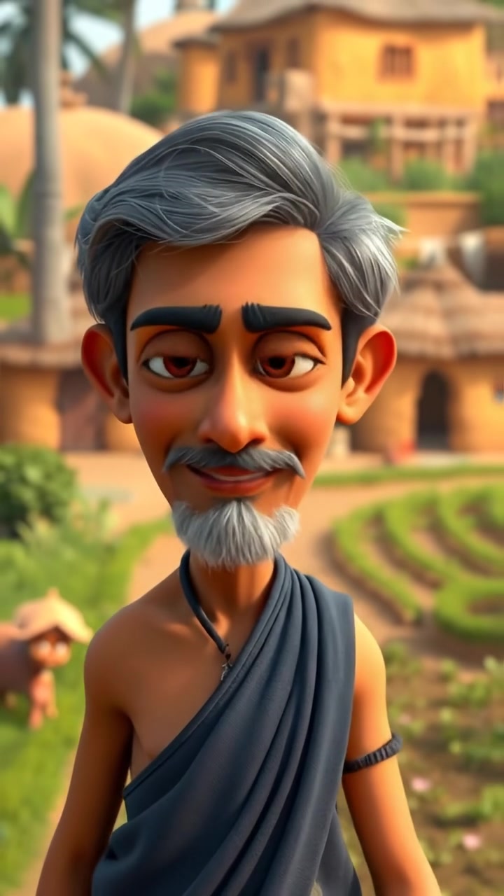 A 3D animated scene featuring farmer Raj standing in the foreground of a small village with mud houses and lush fields in the background, illuminated by warm natural sunlight, with smooth camera movement capturing the rustic charm and pastoral serenity. The audio features gentle farm sounds and ambient nature noises.