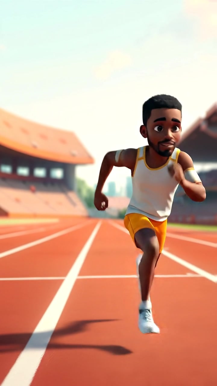 A 3D animated scene of Isaiah sprinting confidently down a track, with dynamic camera movement capturing his speed, under warm sunlight with soft shadows, high detail, smooth motion. The background features a stadium with blurred spectators, and the scene exudes energy and determination. The audio features the sound of rushing wind.
