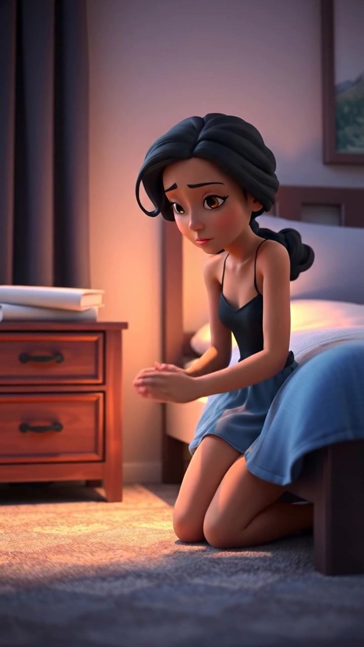 A 3D animation of Maya kneeling beside her bed, head bowed in prayer with an anxious expression, illuminated by soft, warm lighting and smooth camera dolly shots capturing her contemplative moment. The background features a cozy bedroom with gentle shadows. The audio features calming ambient music.