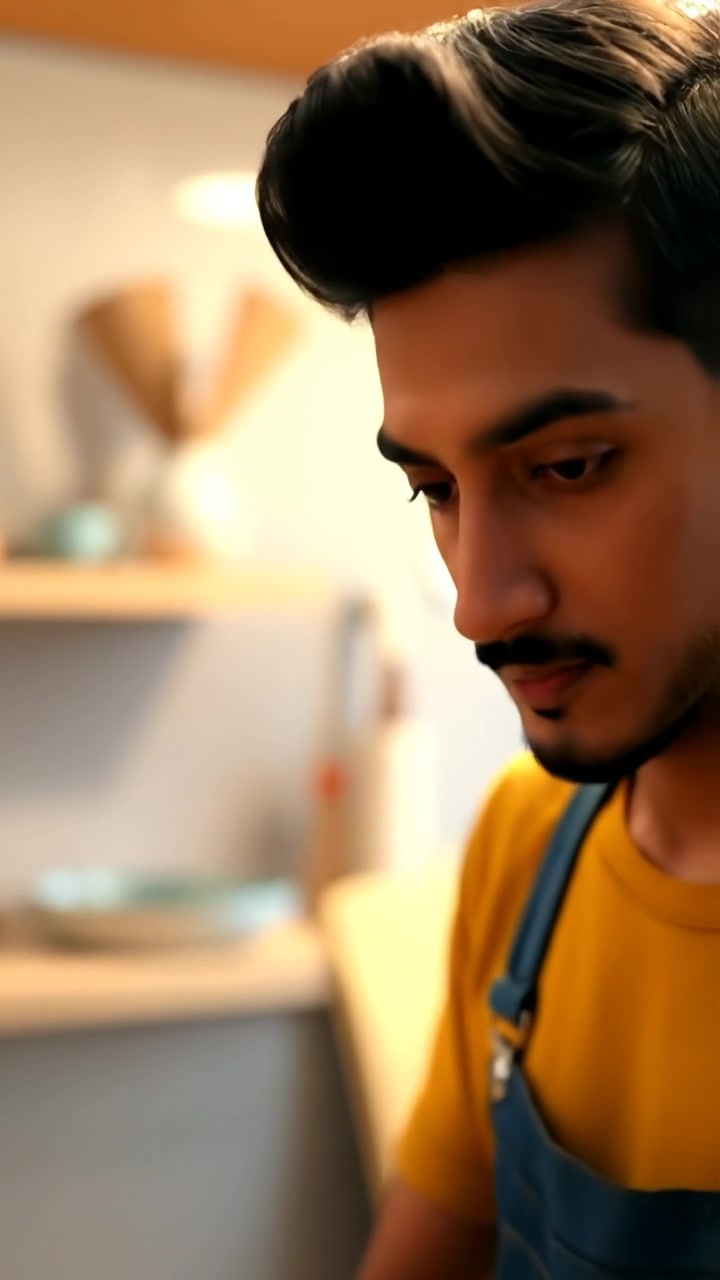 A 3D animation of Amir preparing a simple breakfast in a modern kitchen, with detailed close-ups on his hands and face, warm natural lighting, smooth camera movements capturing his actions, and a cozy atmosphere. The background features sunlight streaming through windows. The audio features gentle kitchen sounds.