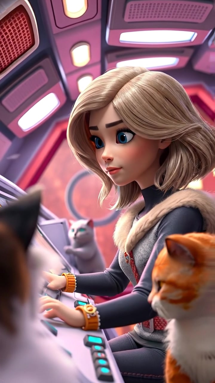 A 3D animated scene of Ashley inside a spaceship filled with cat fur, focused at the control panel in soft ambient lighting with subtle reflections. The camera smoothly dolly-in, capturing detailed textures and a futuristic ambiance. The audio features faint hums of spaceship machinery.