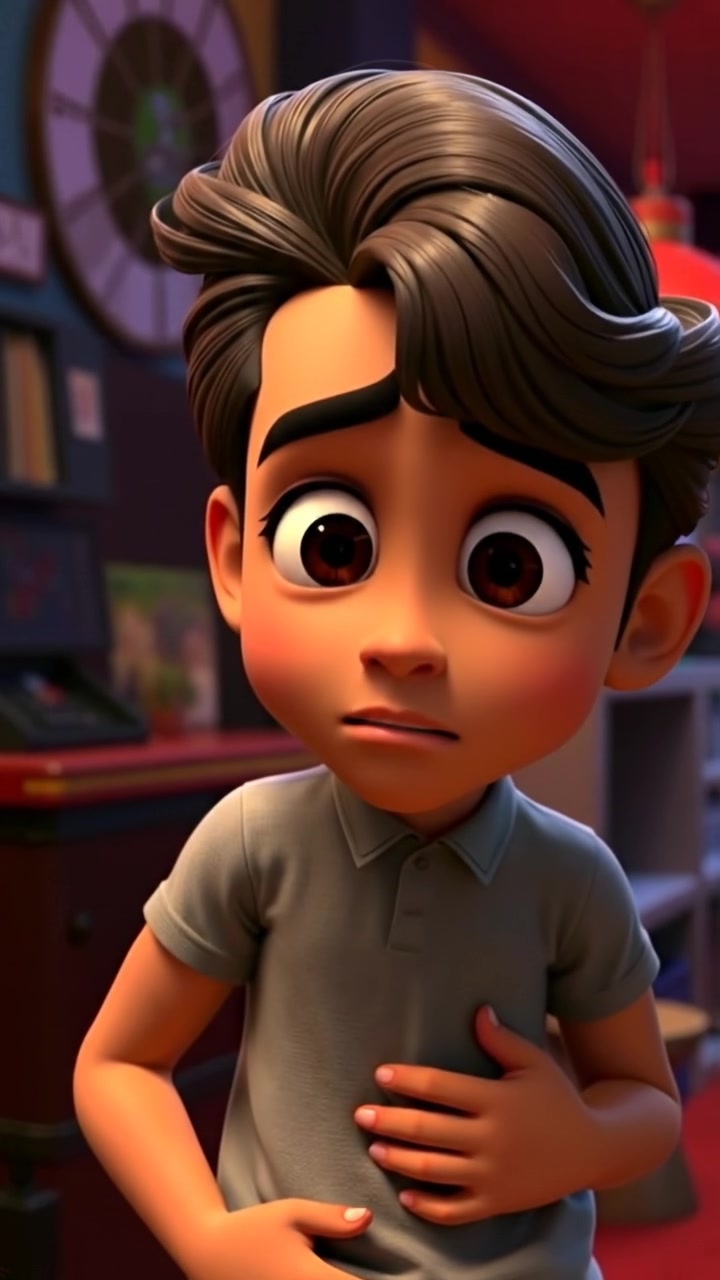 A 3D animated scene featuring Arjun looking nervous with wide eyes and hands on his stomach, captured in soft natural lighting with smooth camera movement emphasizing his anxious expression. The background has a subtle blurred effect, conveying emotional intensity. The audio features a gentle, tense instrumental melody.