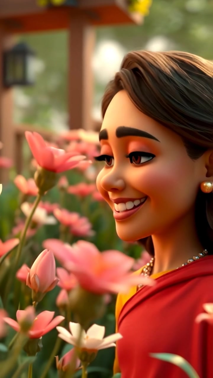 A 3D animation of Laila smiling brightly while gazing at blooming flowers in her vibrant garden, captured with natural lighting, high detail, and smooth camera movement, surrounded by lush greenery and colorful blossoms, with a warm, serene atmosphere. The audio features gentle bird songs in the background.