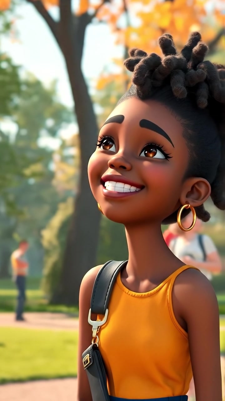A 3D animated scene of Nia smiling joyfully in a lush park on a sunny day, surrounded by friends, with natural lighting, high detail, and smooth camera motion capturing her cheerful expression and the vibrant outdoor environment. The background features rolling green hills and blooming flowers, while soft ambient sounds of birds and laughter enhance the joyful atmosphere.