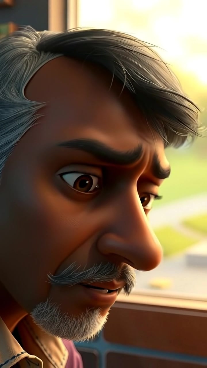 A close-up of Raj's face in a 3D animation style, capturing deep sorrow and contemplation with highly detailed facial features, soft natural lighting, and smooth camera movements that emphasize emotion, set against a subtle blurred background. The audio features gentle ambient music and calming tones.