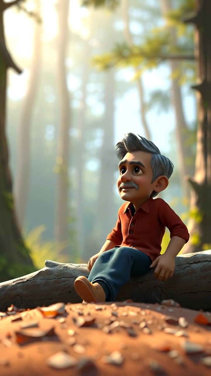 A thoughtful Raj sitting on a log in a dense forest, surrounded by scattered twigs, depicted in vibrant 3D animation style with natural lighting, high detail, and smooth camera movement capturing the peaceful woodland atmosphere. The background audio features gentle forest sounds and birdsong.