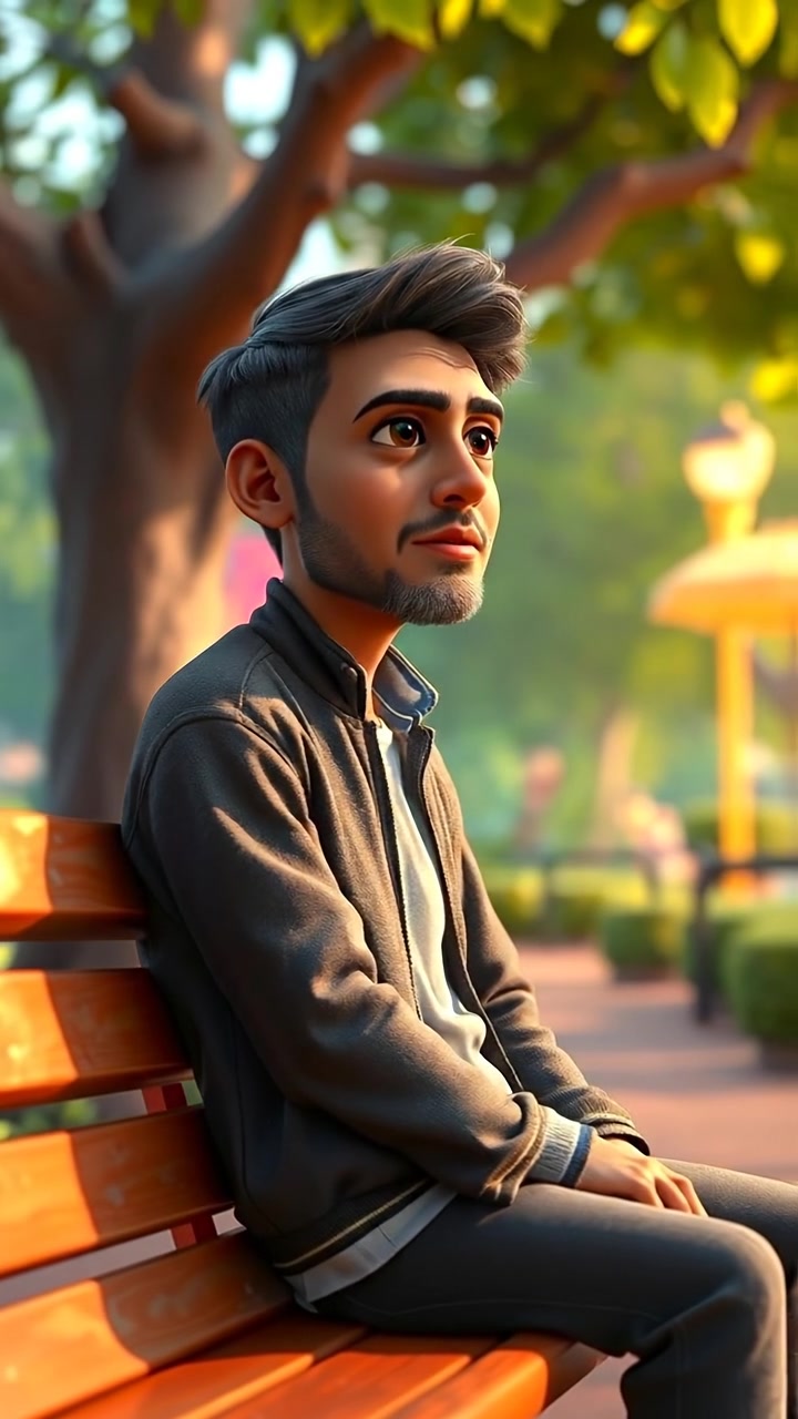 A 3D animation of Raj sitting on a park bench, gazing thoughtfully into the distance under soft, natural lighting. The scene features lush greenery and a tranquil park setting, with smooth camera movement capturing his contemplative pose. The background audio features gentle park sounds and distant birds chirping.