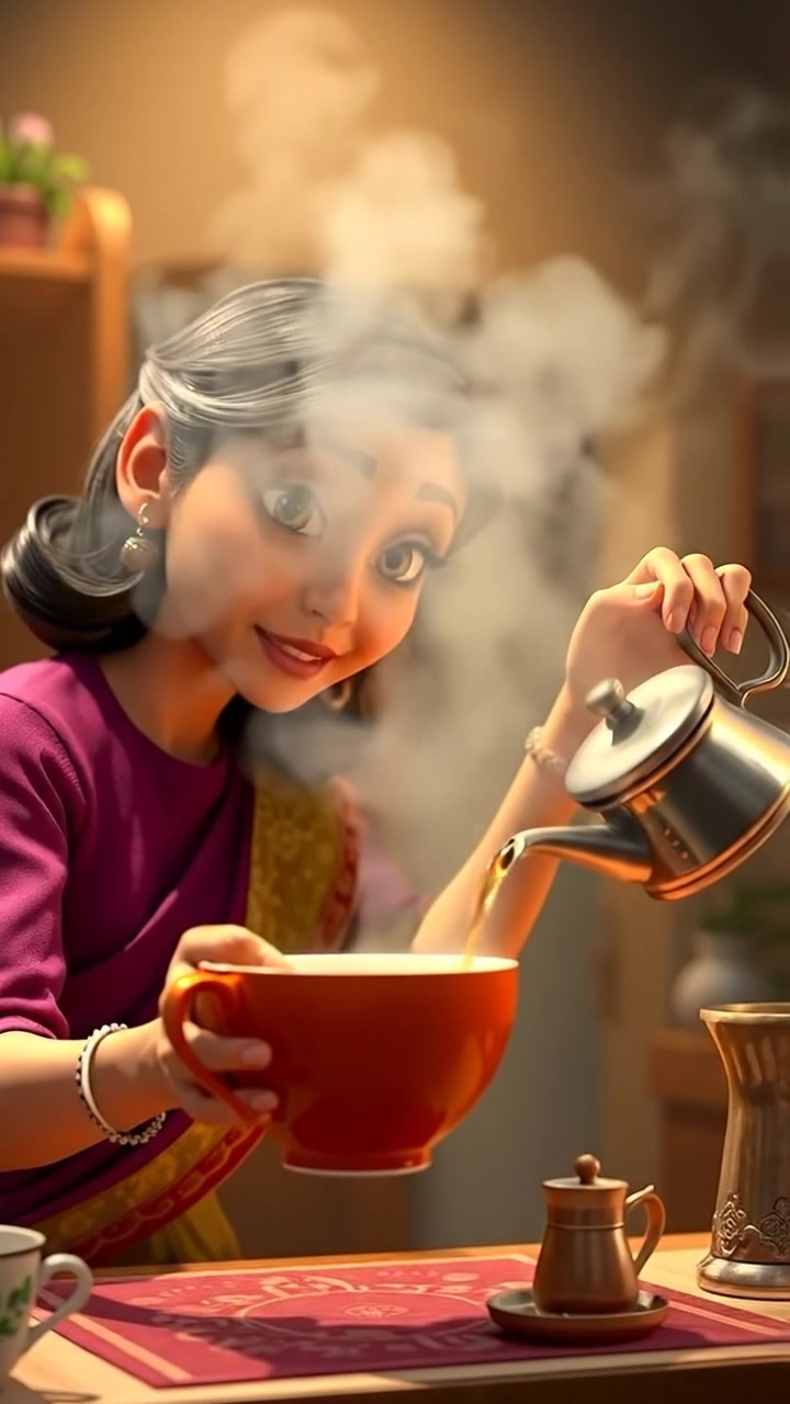 Asha pouring a steaming cup of chai from a traditional teapot in a warm, cozy kitchen scene, rendered in vibrant 3D animation style. Natural lighting highlights the steam and rich textures, with a smooth camera pan capturing the action. The background features soft ambient sounds of bubbling water.