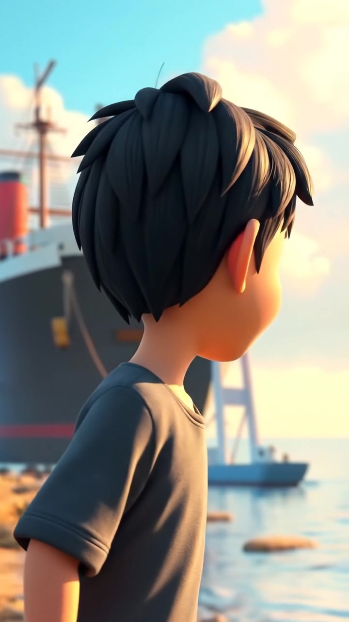 A 3D animated scene featuring Ken with a hopeful expression, gazing out at a distant merchant ship from the shoreline, bathed in warm natural lighting with soft shadows, a gentle breeze flowing. The background has a vibrant sea under a partly cloudy sky. The audio features ocean waves in the background.