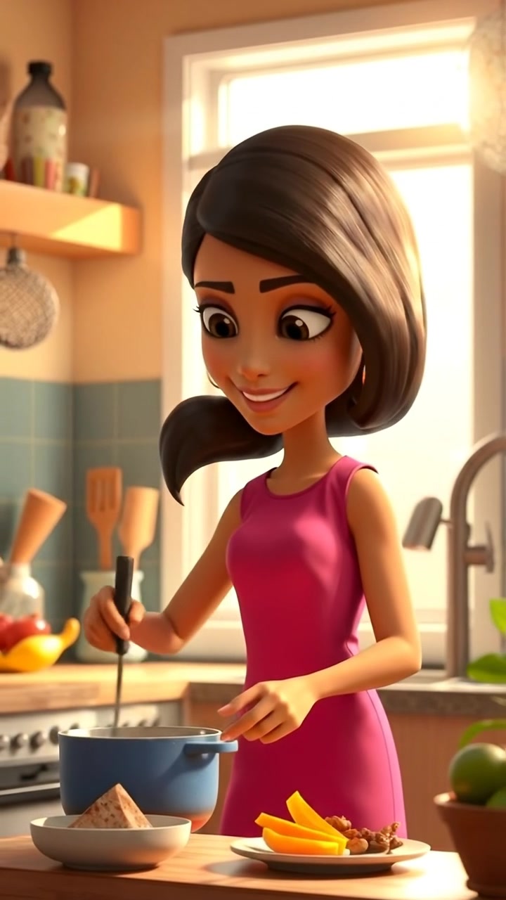 A 3D animation of Priya in a cozy kitchen, preparing food with warm sunlight streaming through the window, illuminated by natural light, high detail, smooth camera movement capturing the scene, soft shadows enhancing the inviting atmosphere. The audio features gentle kitchen ambient sounds.