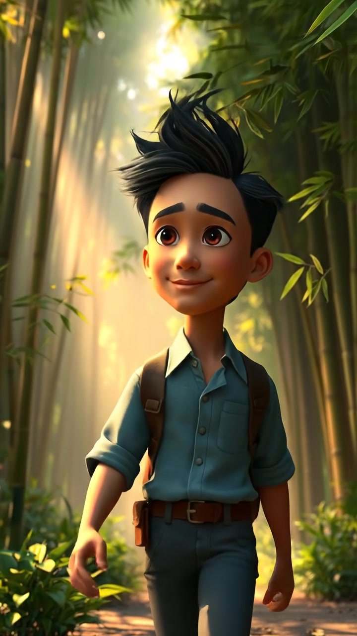 A 3D animated scene of Hiro walking through an ancient bamboo forest, sunlight filtering softly through dense foliage, creating dappled shadows on the ground. The camera follows smoothly in a dolly shot with natural lighting and warm tones. The background features gentle rustling leaves and ambient forest sounds.
