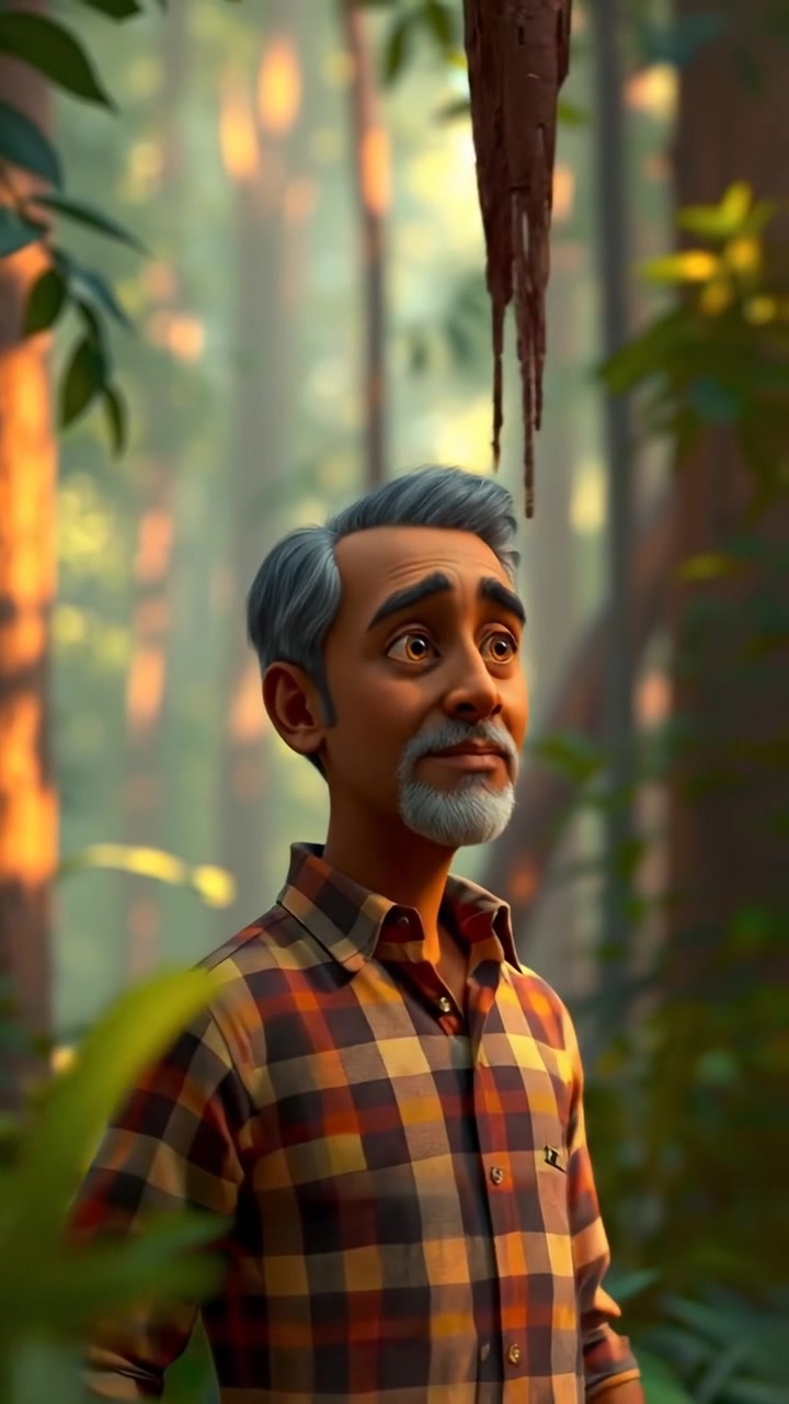 A contemplative man named Raj walking through a dense, lush forest rendered in vivid 3D animation. The scene features soft sunlight filtering through towering trees, creating a serene and immersive atmosphere with gentle camera motion. The background audio features the sounds of rustling leaves and distant bird calls.