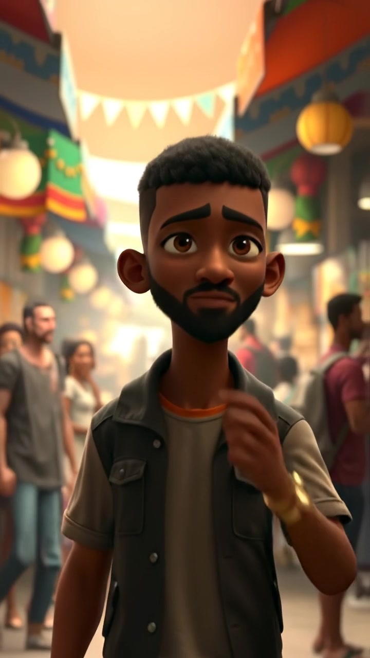 A 3D animated scene of Isaiah walking through a bustling market filled with vibrant stalls, colorful displays, and diverse crowds. Natural lighting highlights the lively atmosphere, with smooth camera movement capturing the dynamic environment. The background audio features lively market sounds and ambient chatter.