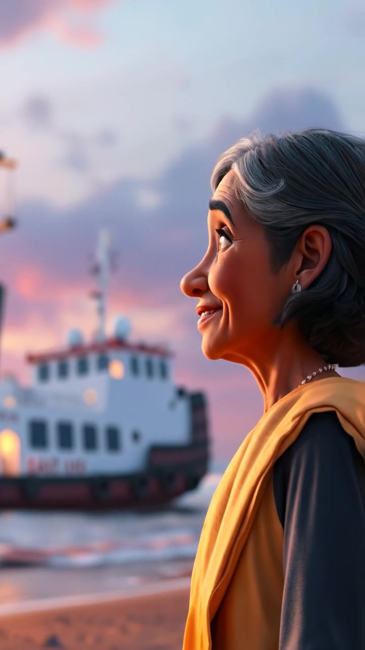 A 3D animated scene featuring an elderly woman named Asha standing on a sandy shoreline, squinting at an approaching ship on the horizon. The scene is rendered with warm tones, natural lighting, and smooth camera movement, capturing her hopeful expression as gentle waves ripple nearby. The background audio features ocean waves in the background.