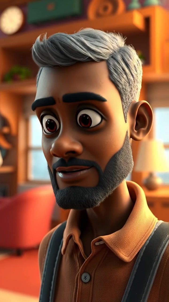 A 3D animated character, Kwame, appears thoughtful with an intriguing expression. Natural lighting highlights his features, smooth camera movement captures his contemplative mood. The background is subtly blurred with warm tones, emphasizing his facial expression. The audio features gentle ambient sounds to enhance the scene.