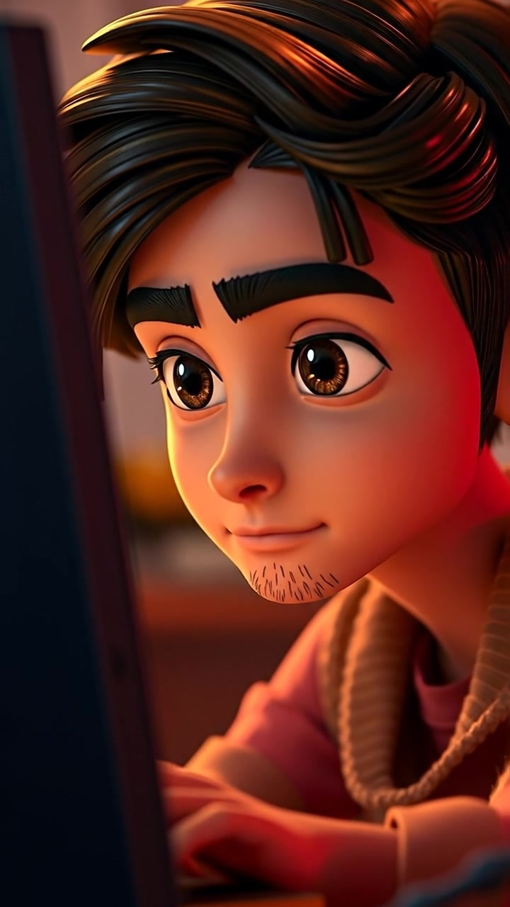 Close-up of Amir in a sleek 3D animated style, focused and intense as he stares at his computer screen, with soft ambient lighting highlighting detailed facial features and reflections on the monitor. Smooth camera zoom-in emphasizing concentration. The background features a modern workspace. The audio features subtle electronic ambient sounds.