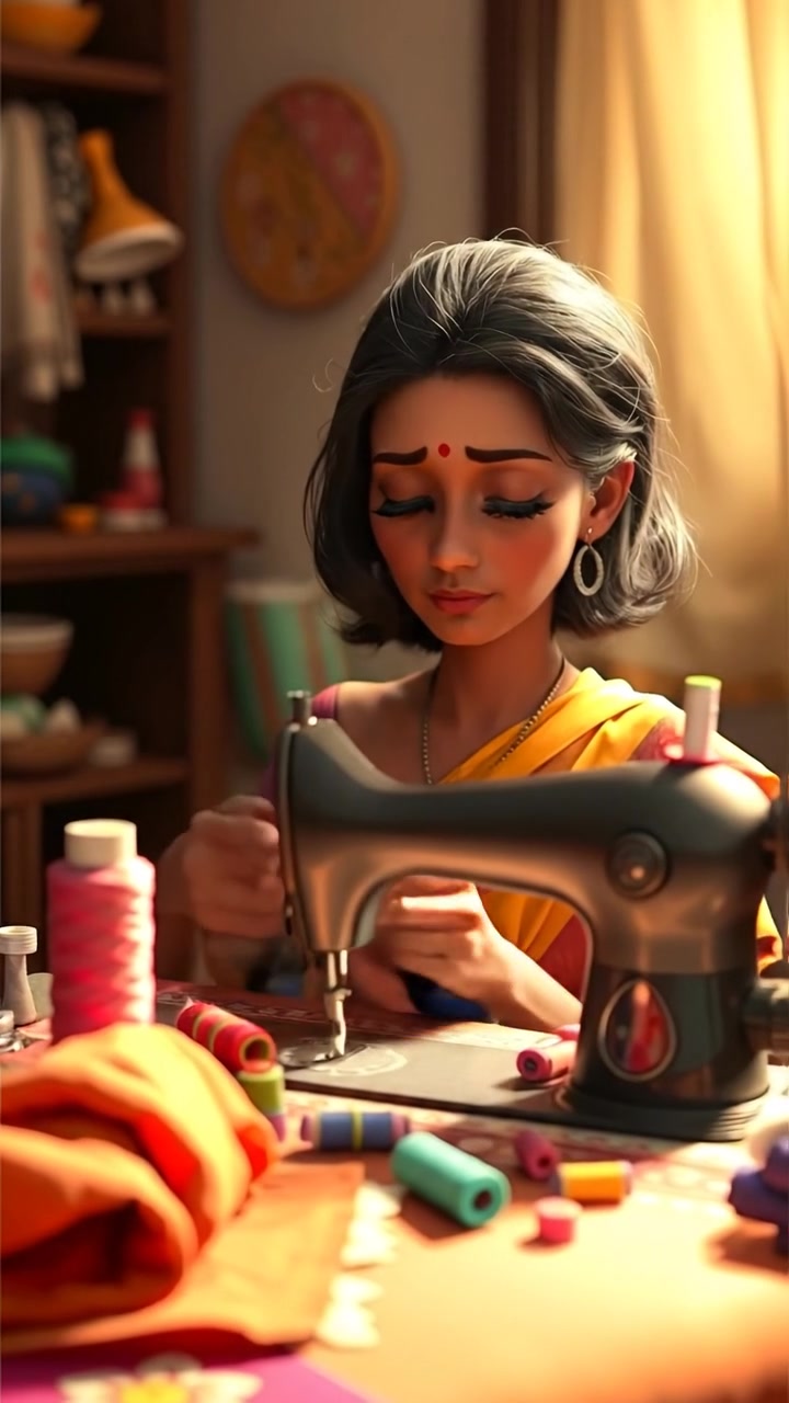 A 3D animation of Asha sewing at a rustic wooden table, surrounded by colorful fabrics and spools of threads, under warm, soft lighting with gentle camera zoom-in. The scene exudes a cozy, creative atmosphere with smooth cinematic movement. The audio features subtle sewing sounds in the background.