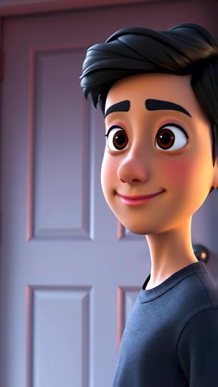 A close-up of Ken's curious face in a 3D animated style, standing before a mysterious door, with natural lighting highlighting his expression. Smooth camera focus emphasizes his intrigue, set against a softly lit environment. The background features subtle ambient sounds of distant wind.