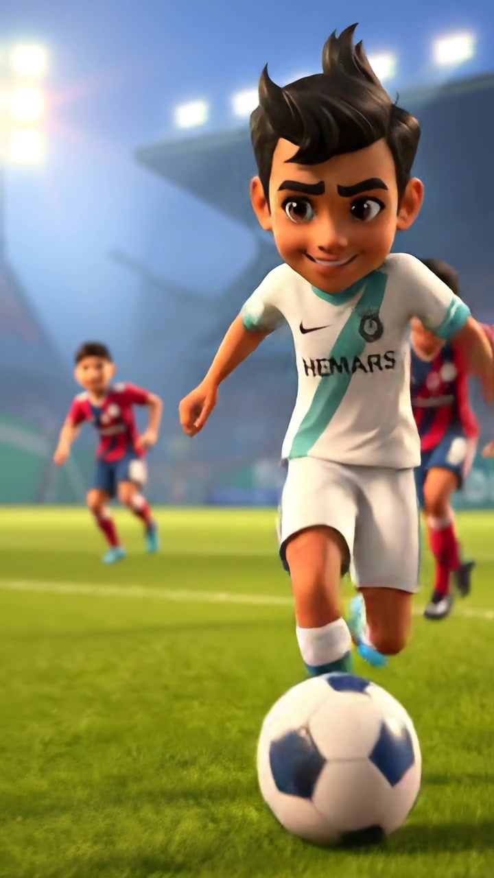 A 3D animated scene of Amir dribbling a soccer ball at midfield, showing intense focus and swift movement as he aims to pass defenders. The scene features natural lighting, high detail, smooth camera motion, and a vibrant sports field background. The audio features ambient stadium sounds.