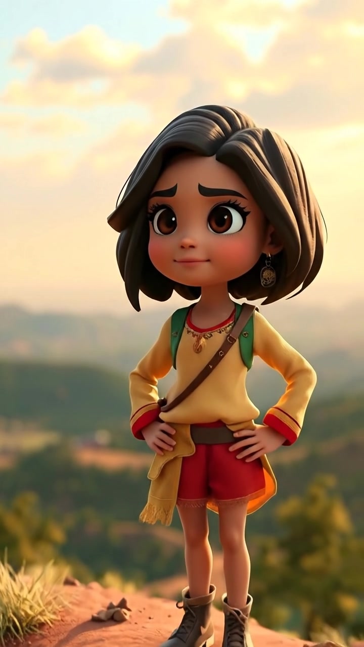A 3D animation of a young woman named Laila standing confidently on a hilltop, gazing determinedly into the distance with vivid detail, surrounded by soft, natural lighting and a gentle breeze. The camera smoothly dolly-in to capture her resolute expression under a clear sky. The background features ambient sounds of whispering winds.
