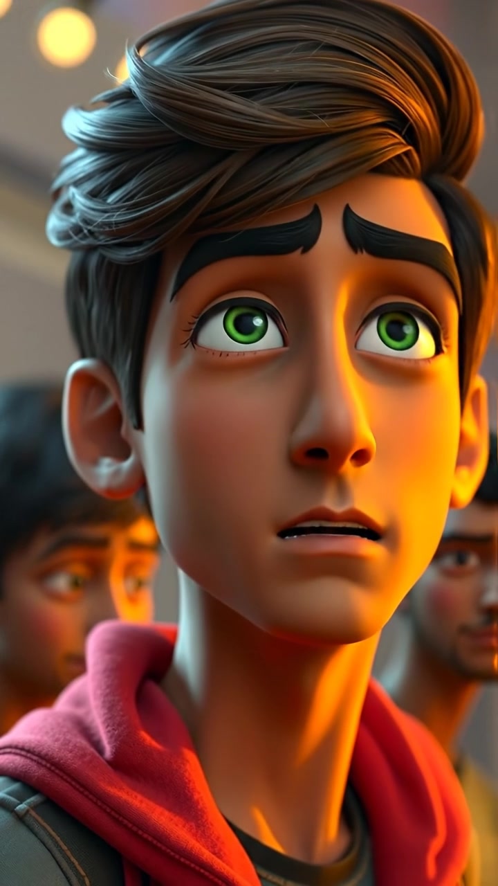 A close-up of Arjun's face in 3D animation style, capturing a complex mix of sadness and determination, with subtle facial expressions under soft lighting, emphasizing high detail and smooth camera focus. The background is softly blurred, conveying emotional depth. The audio features a gentle, contemplative background score.