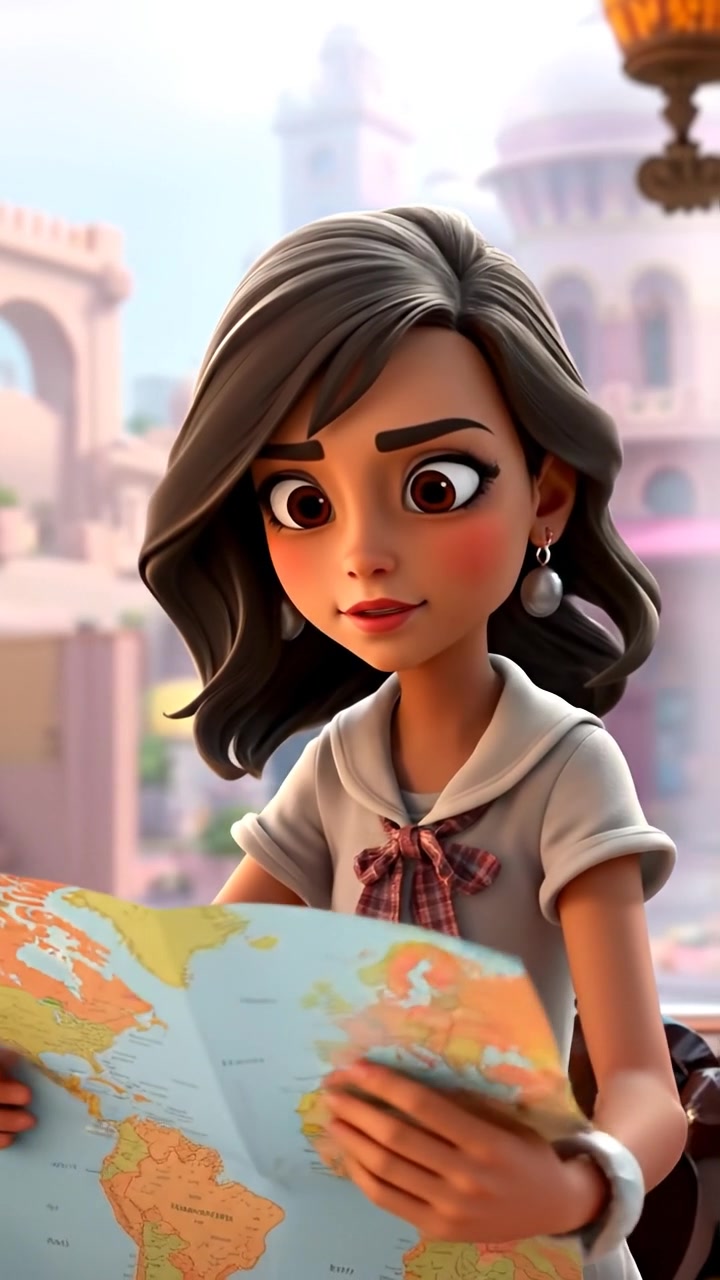 A 3D animation of Laila with a determined expression studying a detailed map in a softly lit environment, camera smoothly gliding over her face and the map, conveying focus and ambition. The background features a warm-toned room with gentle shadows. The audio features ambient city sounds in the background.