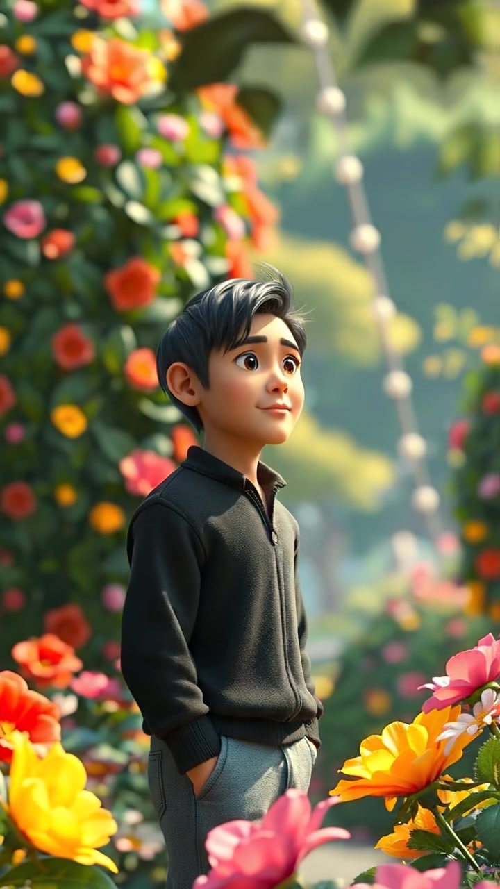 A 3D animation of Hiro standing in a lush, vibrant garden filled with colorful blooming flowers. Natural sunlight illuminates the scene, highlighting intricate details and gentle camera movements that capture the serenity of the setting. The background features a soft breeze rustling leaves, accompanied by the sounds of chirping birds.