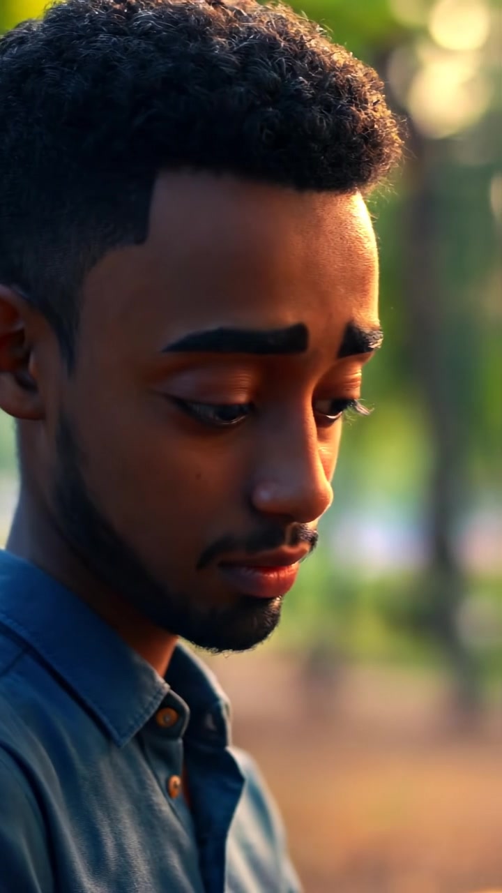 A 3D animation of Isaiah sitting alone on a park bench, looking down with a solemn expression, surrounded by lush green trees. Soft natural lighting highlights his reflective mood, with smooth camera movement focusing on his face. The background features gentle rustling leaves and ambient outdoor sounds.