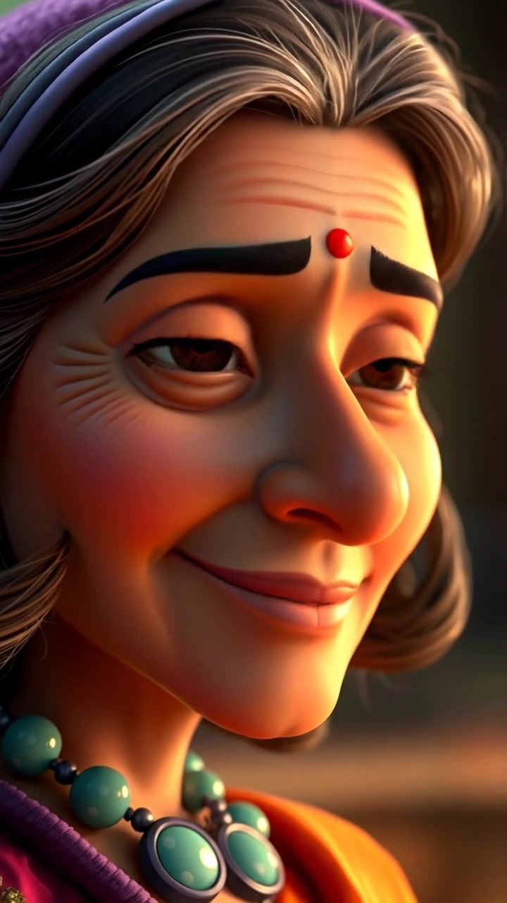 Close-up of Asha's face in a 3D animation style, with a gentle smile and serene expression, illuminated by soft natural lighting and subtle shadows. The scene emphasizes high detail and smooth camera movement, capturing her wisdom-sharing moment. The background features a tranquil, blurred environment. The audio features calming ambient sounds.