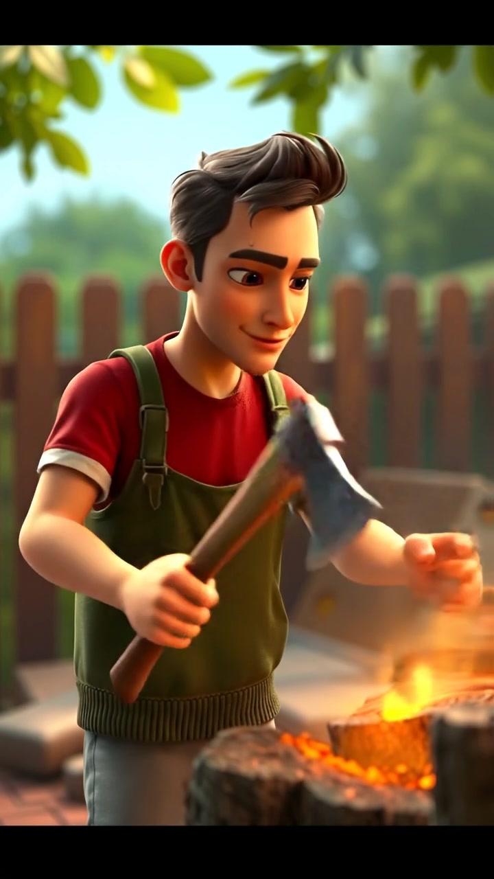 A 3D animated scene of Amir chopping wood with an axe in a lush backyard, sunlight casting warm tones, detailed textures on his sweat and clothing, smooth camera movement capturing the dynamic action, with soft shadows and vibrant colors. The background audio features the crackling of the axe and ambient nature sounds.