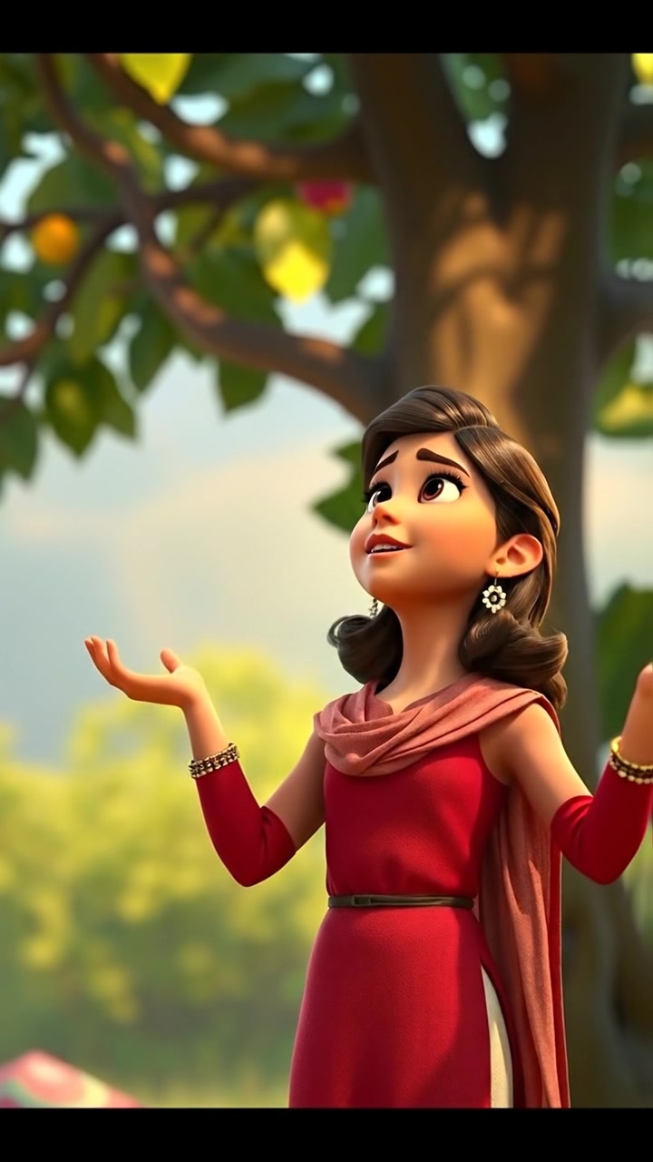 A 3D animated scene featuring Laila standing in a lush, vibrant garden, gesturing thoughtfully towards a majestic forbidden tree with intricate branches and glowing leaves. Natural lighting highlights her sincere expression, with soft shadows and a serene atmosphere, as gentle background music of calm ambient sounds plays.