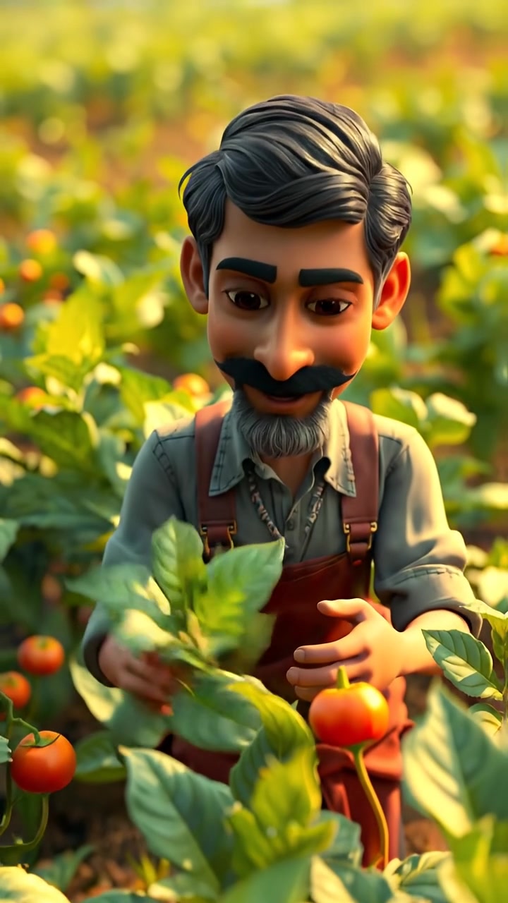 A 3D animated scene of Raj working enthusiastically in lush fields, showcasing thriving crops under soft sunlight with gentle breeze motion. The camera moves smoothly, revealing vibrant greenery and detailed plants in a wide, immersive shot. The background features a serene landscape. The audio features gentle rustling leaves and distant bird calls.