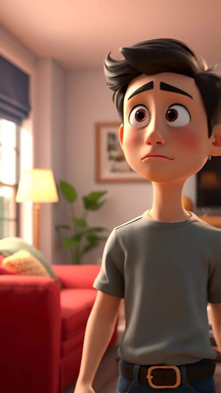 A 3D animated scene of Ken standing in a modern living room, tilting his head with a confused expression. Natural warm lighting highlights detailed textures of the room. Smooth camera dolly shot captures his puzzled look. The background features softly lit furniture. Gentle ambient music plays in the background.
