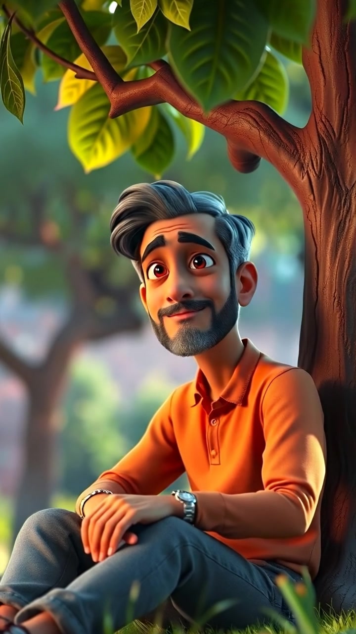 A 3D animation of Raj sitting under a lush tree, taking a peaceful break with a contemplative expression, bathed in warm natural lighting with a gentle breeze softly rustling the leaves. The background features a serene park scene with vibrant greenery. The audio features gentle forest sounds and rustling leaves.