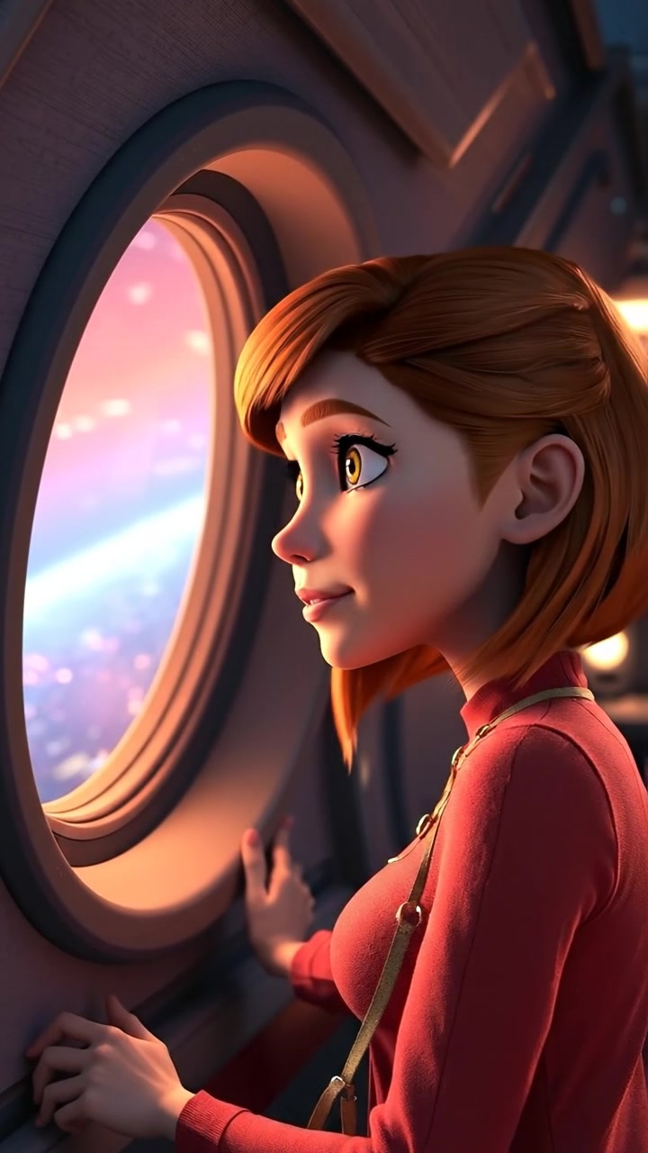 A determined Emma gazes out a spaceship window into hyperspace, rendered in vibrant 3D animation with smooth camera movement and high detail. The scene features ambient lighting with soft glows from the ship's interior, emphasizing her focused expression against the distant, starry universe. The background audio features a subtle hum of the spaceship's systems.