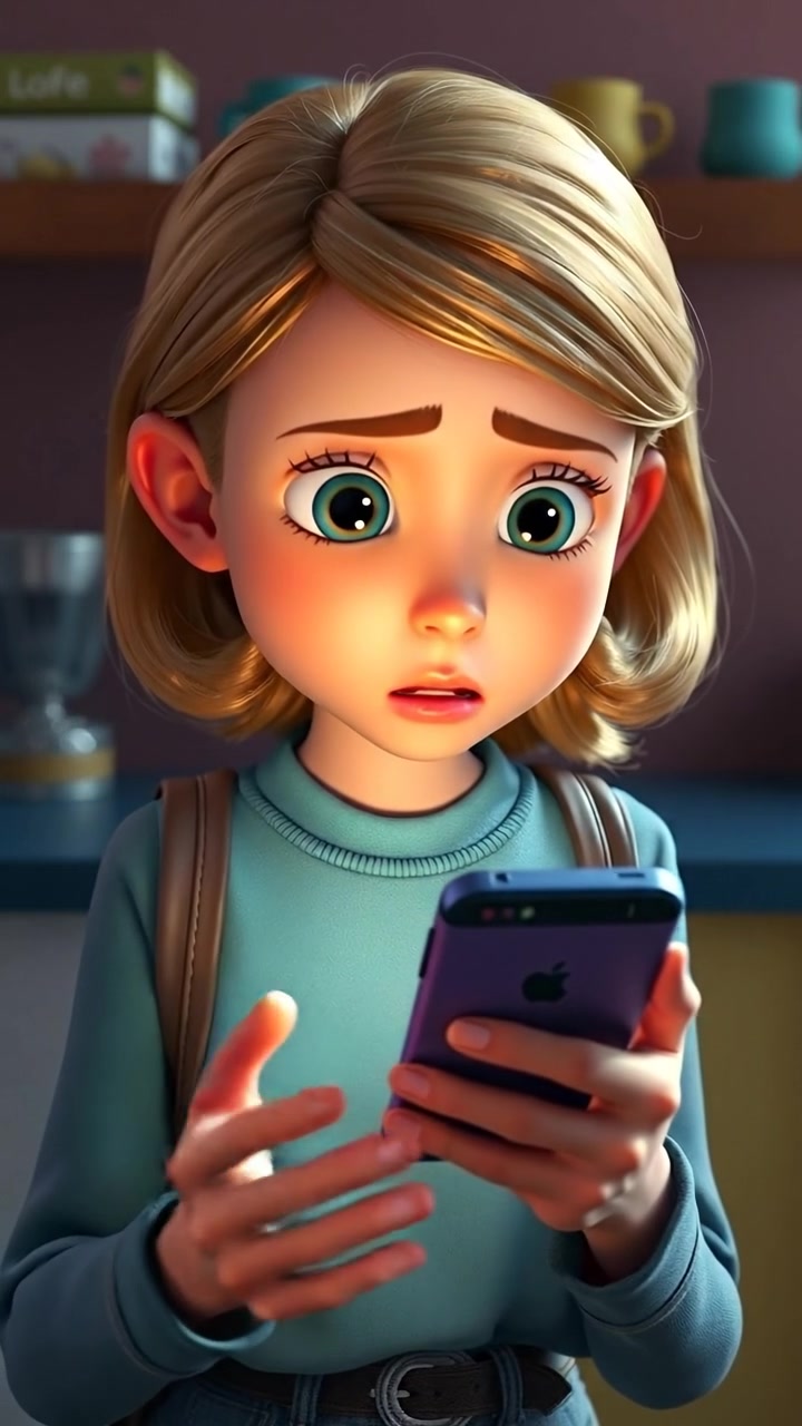 A 3D animation of Ashley checking her phone with a worried expression, captured in soft, natural lighting with high detail and smooth camera motion. The background features a blurred urban environment, evoking a feeling of concern and urgency. The audio features subtle city sounds and distant chatter.