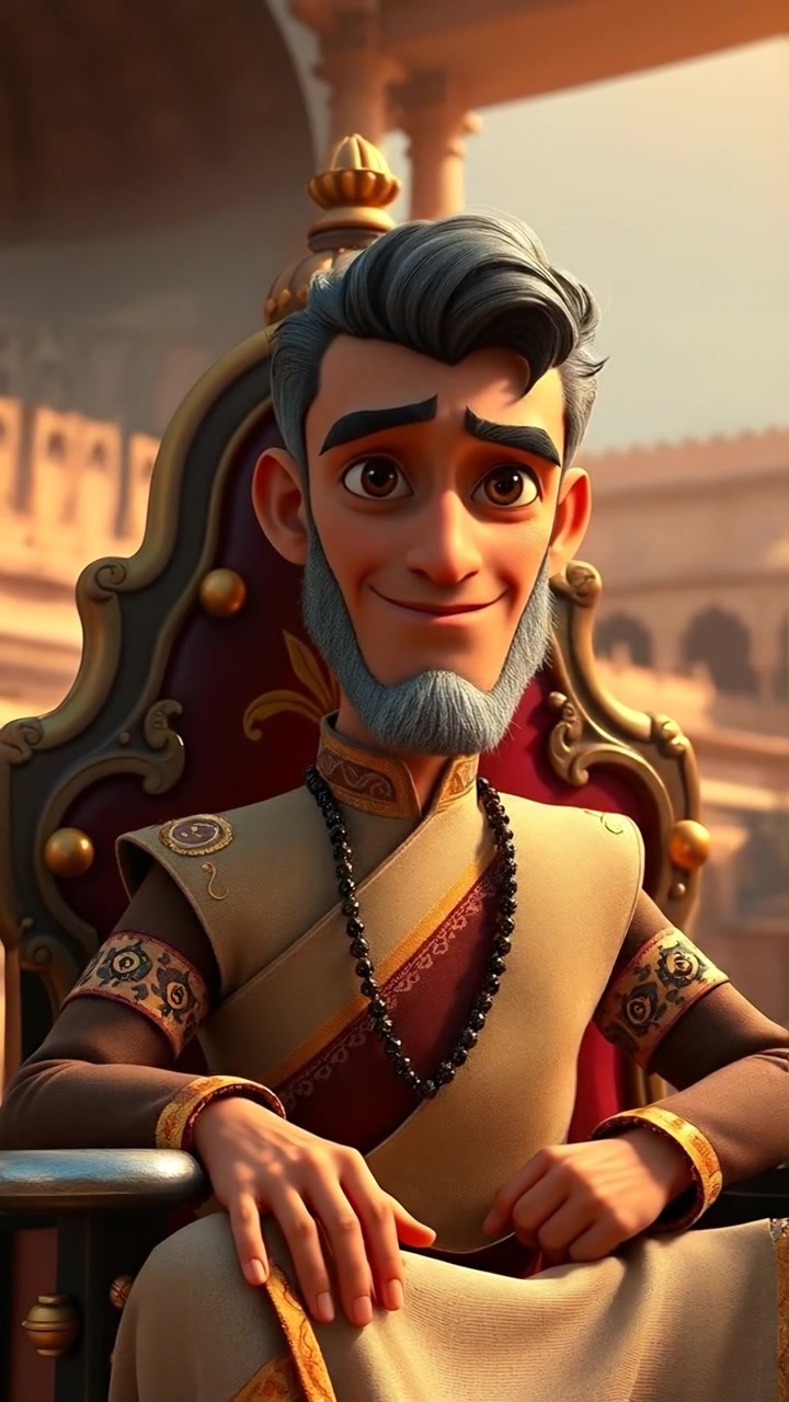 A 3D animation of Raj sitting majestically on a regal throne within an ancient palace, adorned in elaborate royal attire. The scene is illuminated by warm, natural lighting with high detail and smooth camera movements, emphasizing grandeur and historical authenticity. The background features intricate palace architecture, while the audio features gentle ambient sounds of a bustling palace courtyard.