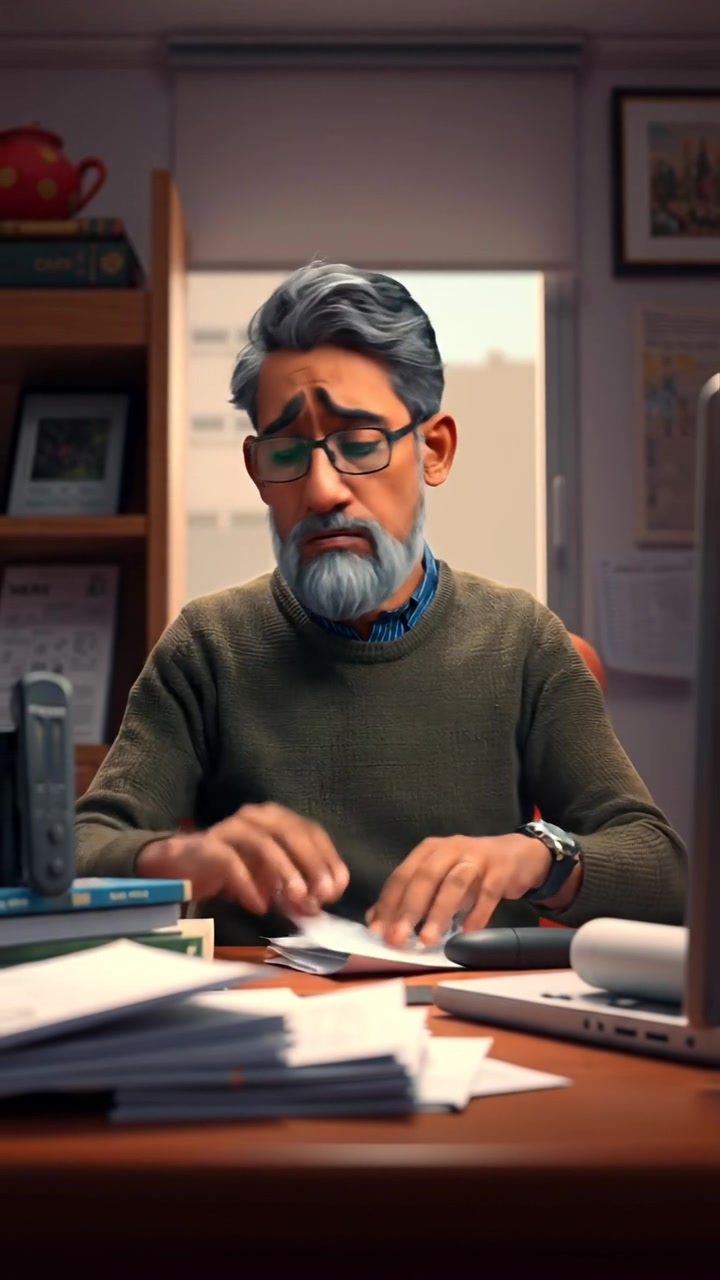 A 3D animation of a man named Raj sitting at a cluttered desk with a worried expression, surrounded by scattered papers, under soft, natural lighting. The camera smoothly pans to capture his anxious demeanor, with a warm, quiet office ambiance. The audio features soft ambient office sounds.