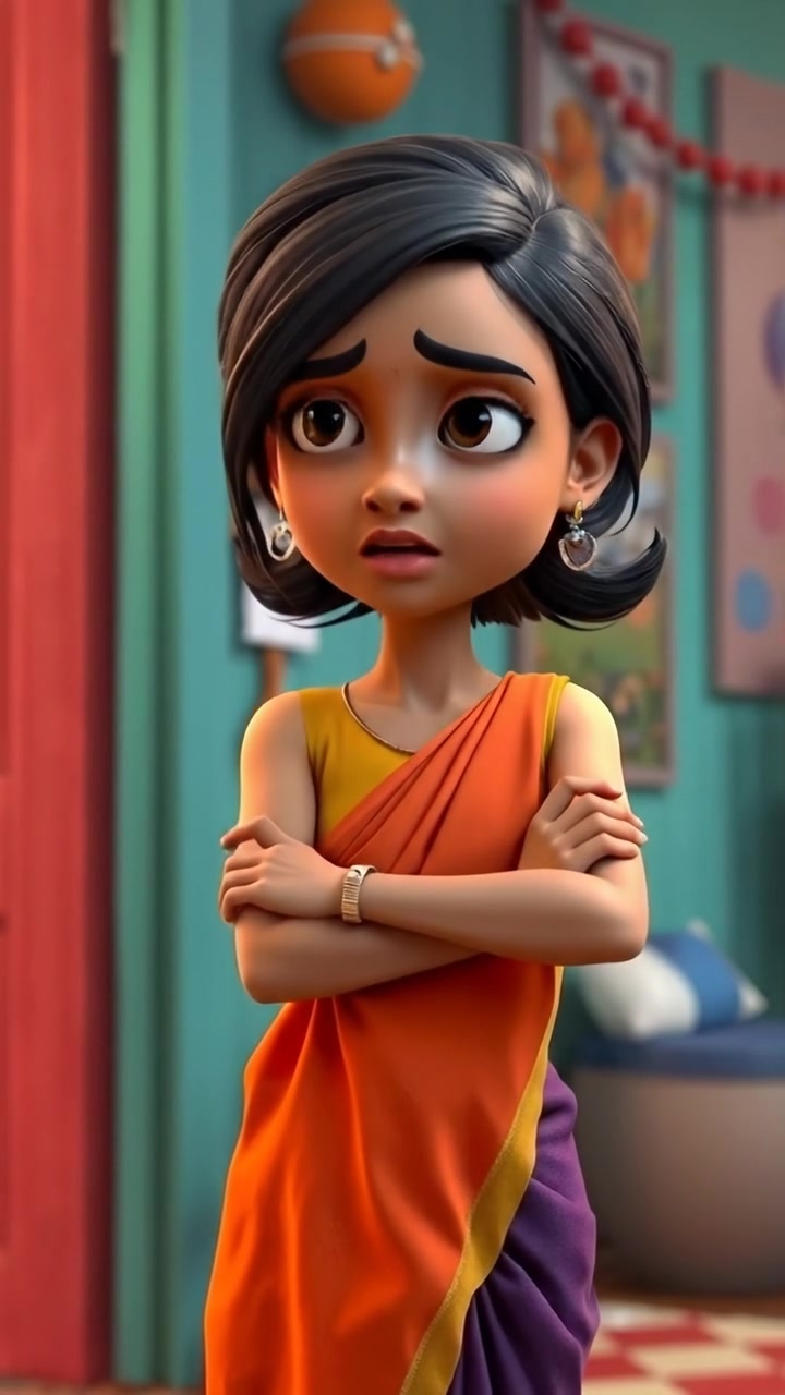 Asha standing with a puzzled expression, arms crossed in a vibrant 3D animation style. The scene features soft, natural lighting with smooth camera movement, emphasizing her confused look amidst a colorful, detailed environment. The background audio features gentle ambient sounds.