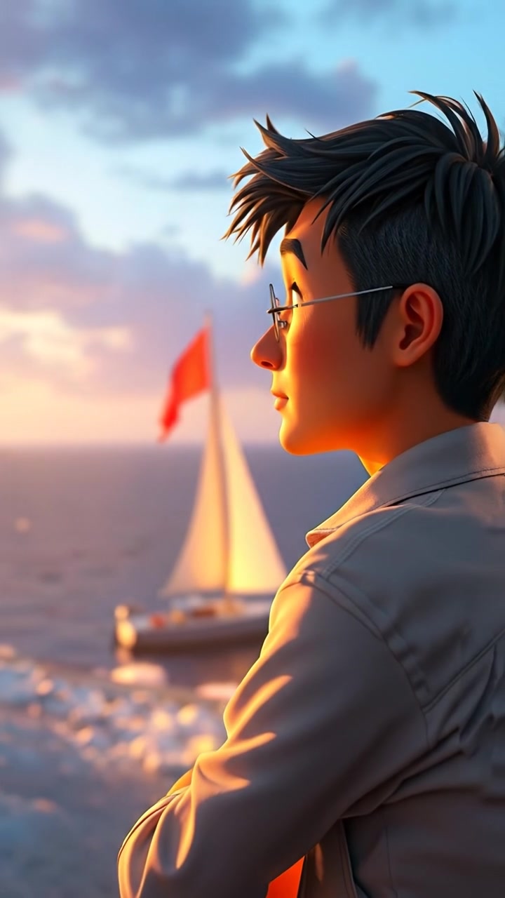 A 3D animated scene of Hiro gazing out to the sea with a thoughtful expression, bathed in warm, soft sunlight, with gentle ocean breezes and high detail coastline in the background, smooth camera pan capturing his introspective moment. The audio features tranquil ocean waves.