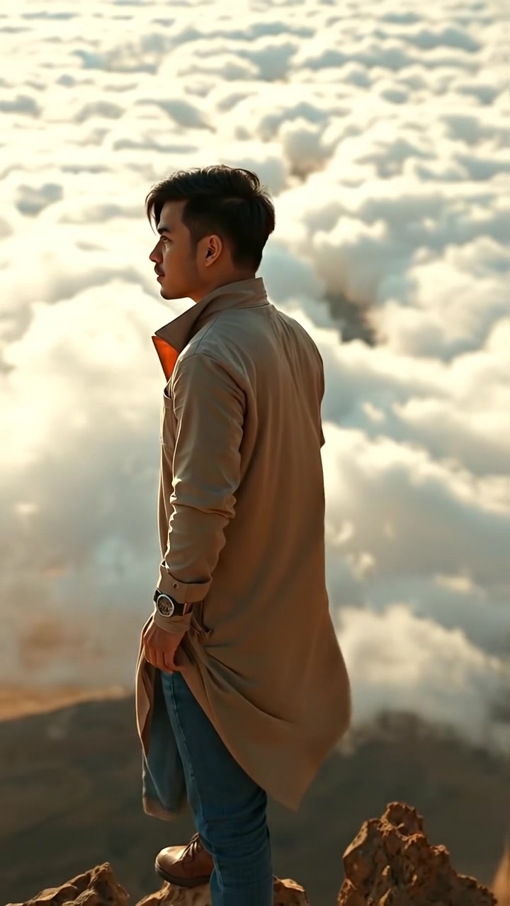 A photorealistic image of Amir standing at the edge of a rugged rocky cliff, gazing over an expansive desert landscape with wispy clouds overhead. The scene is illuminated by soft, natural lighting, with a gentle breeze. Smooth camera tilt captures the vastness. The background audio features wind passing through dunes.