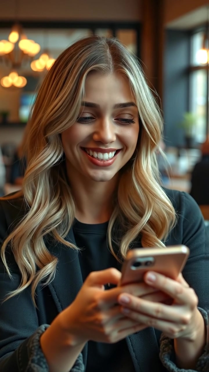 Photorealistic image of Ashley smiling at her phone, her expression joyful as she reads comments. Natural warm lighting highlights her face and casual attire. Smooth camera zooms in softly, emphasizing her delighted reaction. The background features a softly blurred cozy indoor setting. The audio features gentle background music and subtle ambient sounds.