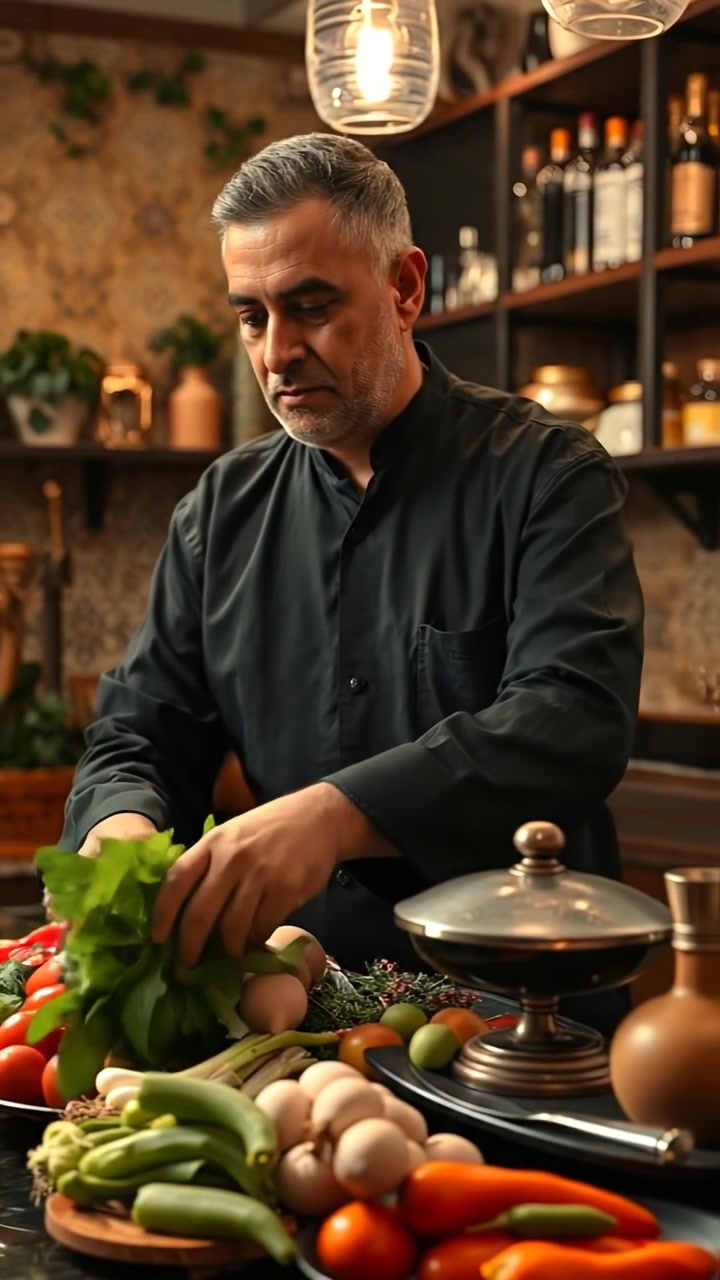 Photorealistic image of Omar in a lavish kitchen, carefully arranging exotic ingredients on a gleaming countertop under warm natural lighting, with smooth camera movement capturing detailed textures and vibrant colors. The background features luxurious cabinetry and elegant decor, with soft ambient sounds of a bustling kitchen in the background.