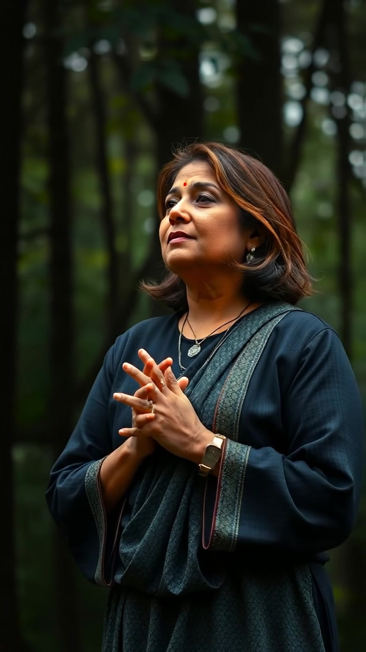 Aphasia standing contemplatively in front of a dark, dense forest under soft, natural lighting, with high detail and smooth camera movement capturing her reflective pose. The background features towering trees and an overcast sky, creating a mysterious atmosphere. The audio features ambient forest sounds.