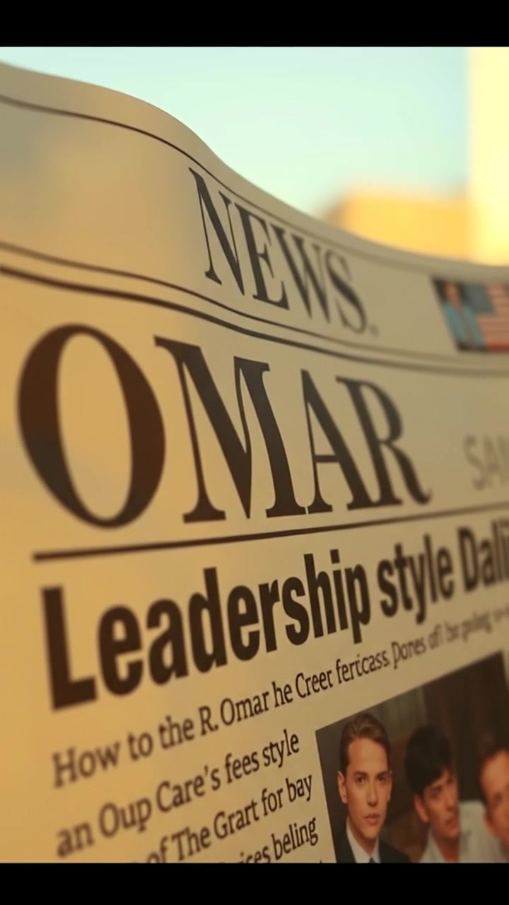 A close-up of a photographic newspaper headline about Omar's influential leadership style, captured with sharp detail and natural lighting, emphasizing the bold text and layout, with a blurred background of the newspaper's content. Smooth camera focus shifts subtly. The background audio features the faint sound of turning pages.