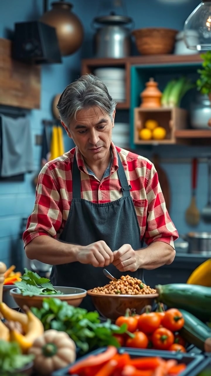 A vibrant, busy kitchen scene in photorealistic style, showing Omar preparing a meal amidst colorful fresh ingredients, with natural lighting and soft shadows, captured in a smooth, dynamic shot that emphasizes the energetic atmosphere. The background audio features the lively clatter of pots and utensils.