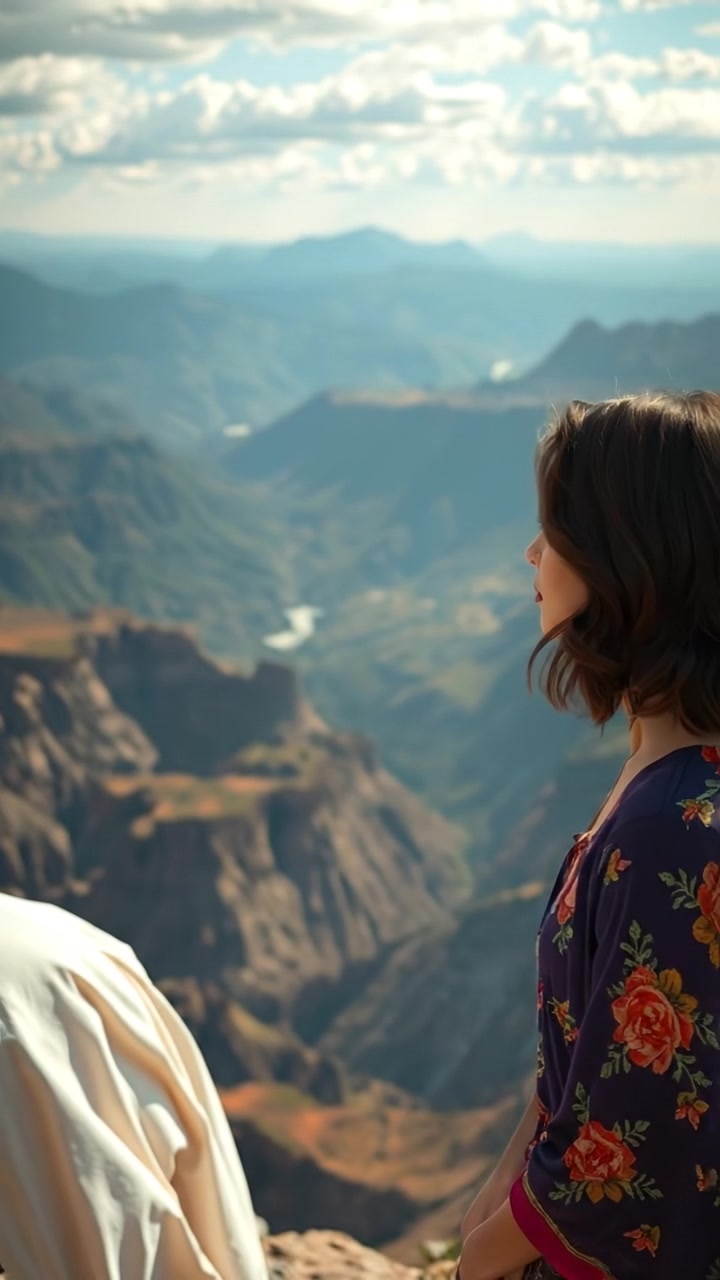 A photographic image of Laila gazing thoughtfully at a breathtaking landscape of expansive mountains and valleys, illuminated by soft natural lighting with high detail. Smooth camera movement enhances the scene, capturing the majestic scenery against a clear sky. The background features gentle ambient sounds of nature.