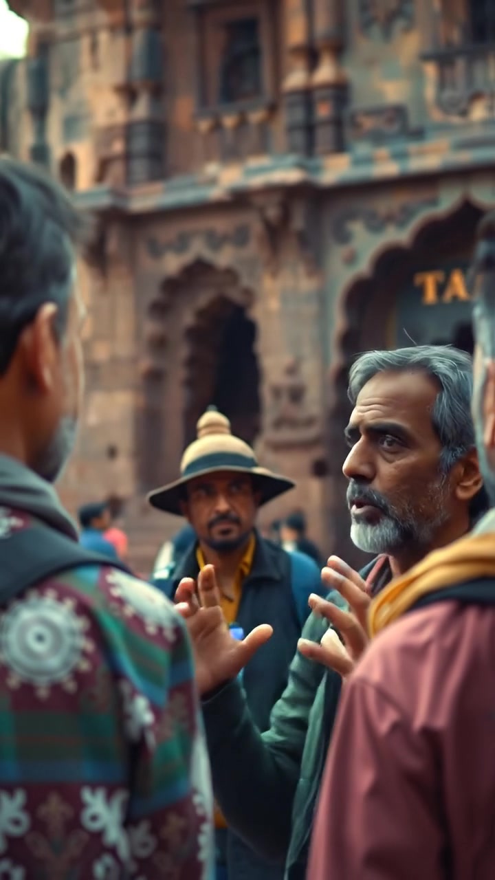 A photorealistic image of Raj passionately explaining the significance of an ancient fort to intrigued tourists under natural daylight. The scene captures detailed expressions, lush surroundings, and historic stone architecture, with a smooth camera glide. The background features ambient sounds of wind and distant chatter.